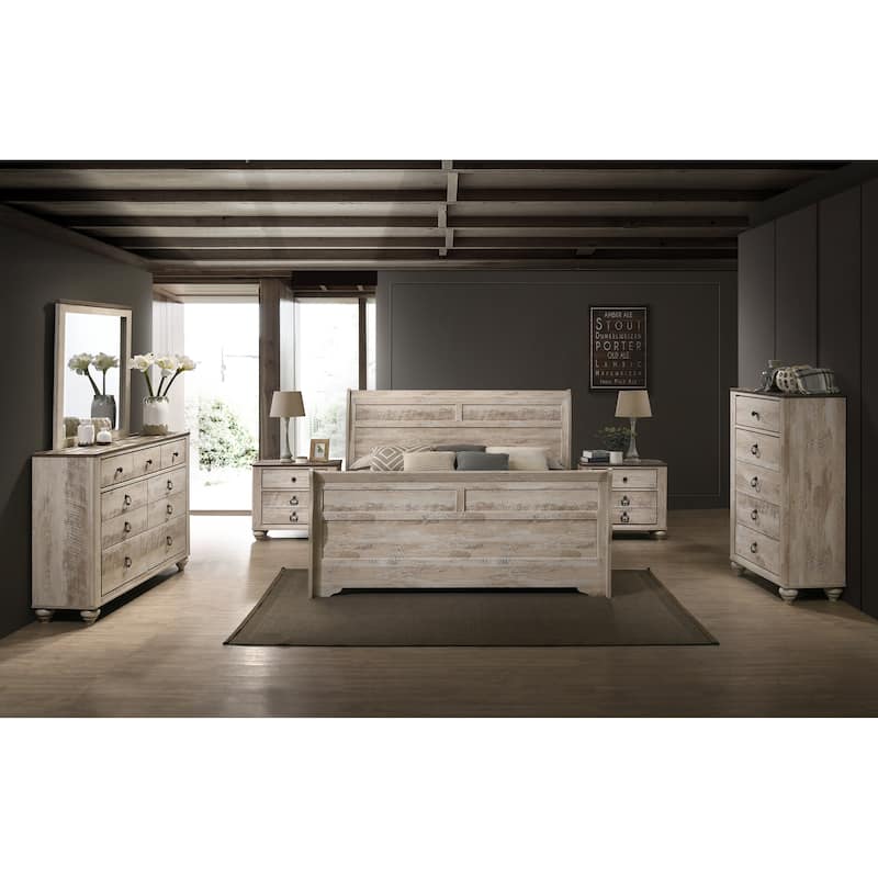 Roundhill Furniture Imerland Contemporary White Wash Finish Bedroom Set with Sleigh Bed, Dresser, Mirror, Two Nightstands, Chest - Queen