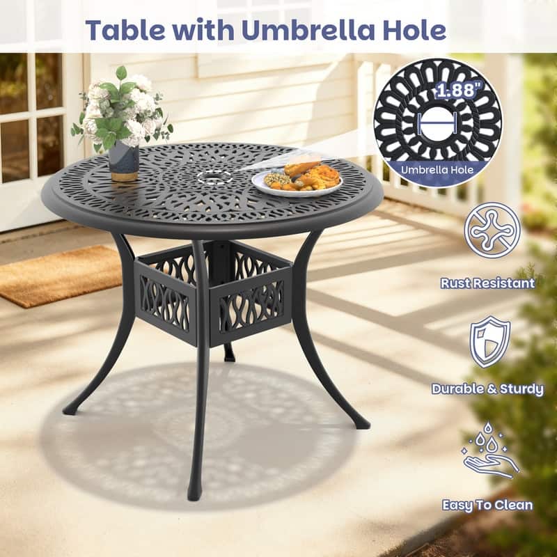 35.43 inch Black Round Cast Aluminum Patio Table with Umbrella Hole & Retro Design