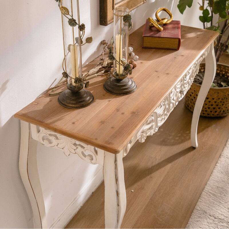 Antique White Console Table with Carved Details, Distressed Console Table,Entry Table with Wood Carvings and Curved Legs