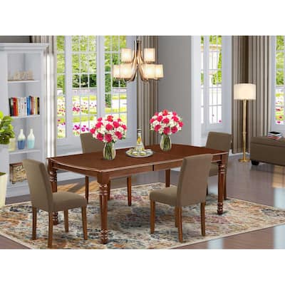 Victorian Dining Set 5Pc Rectangular Table & 4 Chairs - Linen Fabric, Mahogany Legs, 60-78" Table
