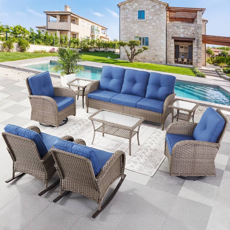 Outdoor Sofa Funiture with Swivel Chair and Rock Chair - Blue - Grey