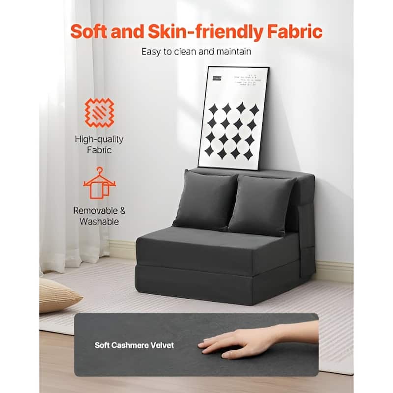 Dark Grey Single Foam Fabric Foldable Sofa Bed with Pillows and Washable Cover - 73.23” L x 28.74” W x 5.91” H