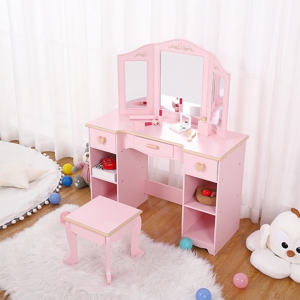 pink dressing table and chair Pink Girls Makeup Vanity Set with Side Cabinet 4 Drawers Dressing Table  Mirror & ChairHomary