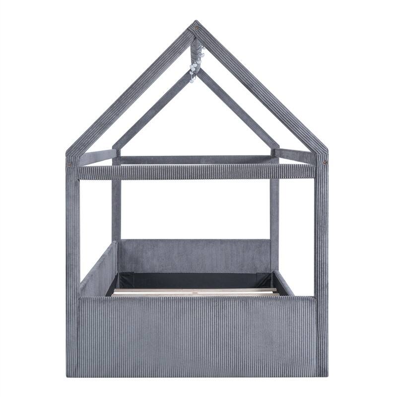 Full Size Upholstered House Daybed with LED Light Strips, Modern House Floor Bed Montessori Bed with Roof Design for Kids