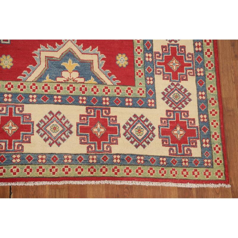 Geometric Kazak Area Rug Hand-Knotted Red Wool Carpet - 8'0" x 11'0"
