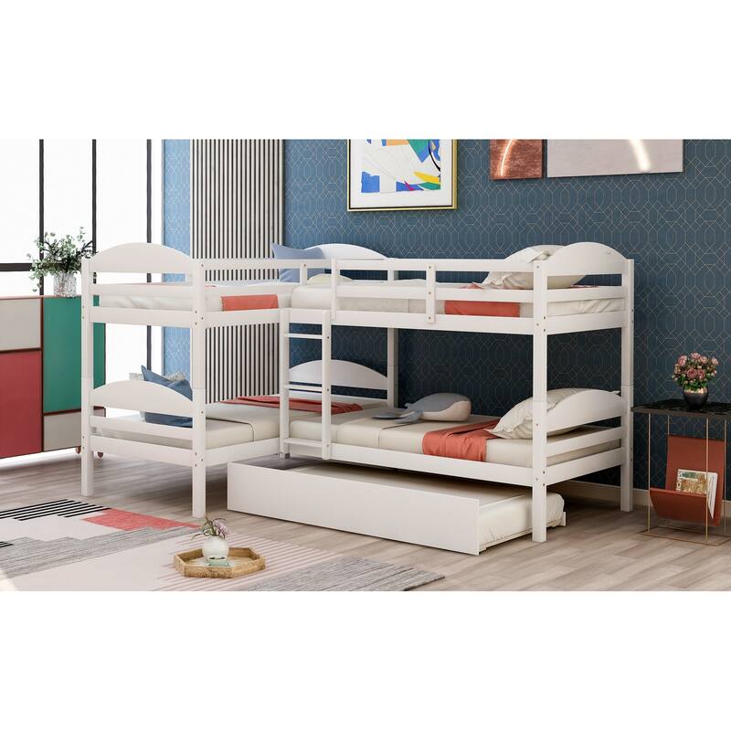 Twin L-Shaped Bunk Bed with Trundle, Wood Platform Bed Frame 2 Bunk Bed with Ladder for Small Living Spaces Multi-Child Families