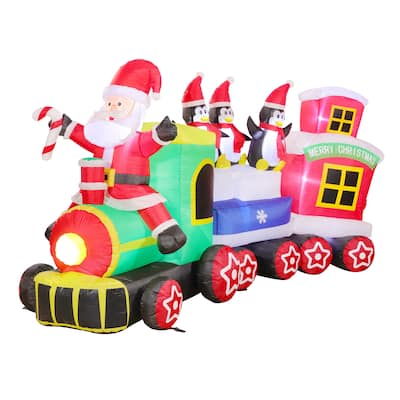 Puleo International 7 ft. Lighted Blow-Up Inflatable Santa Train with Penguins