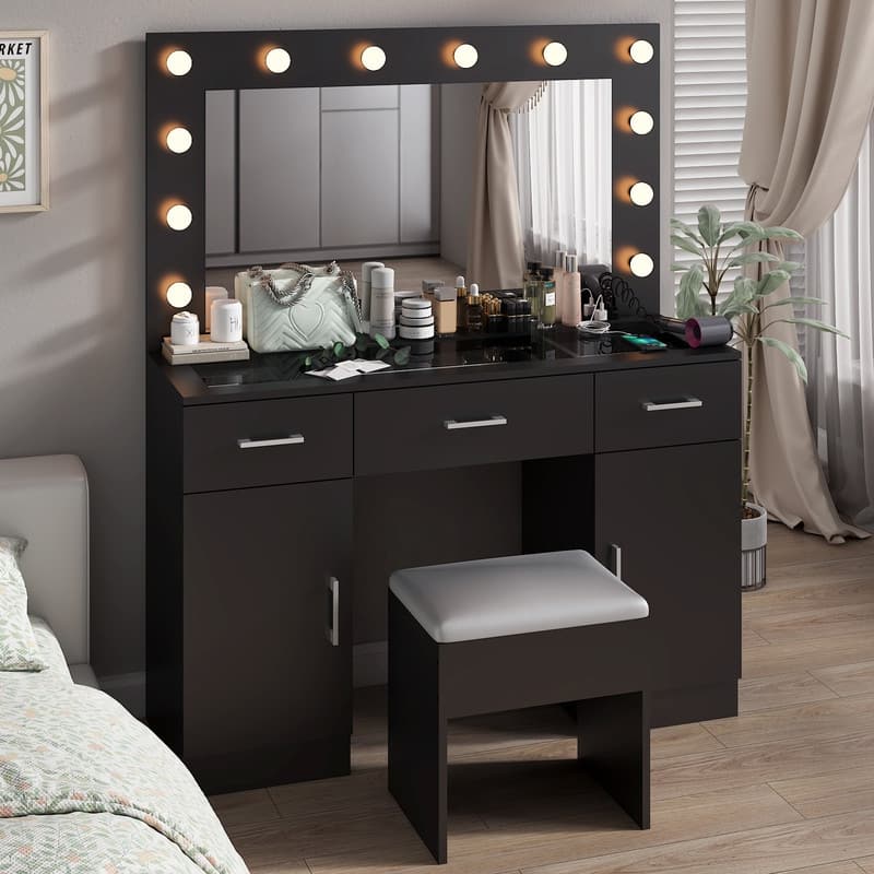Bedroom makeup vanity set with 3 drawers - Black