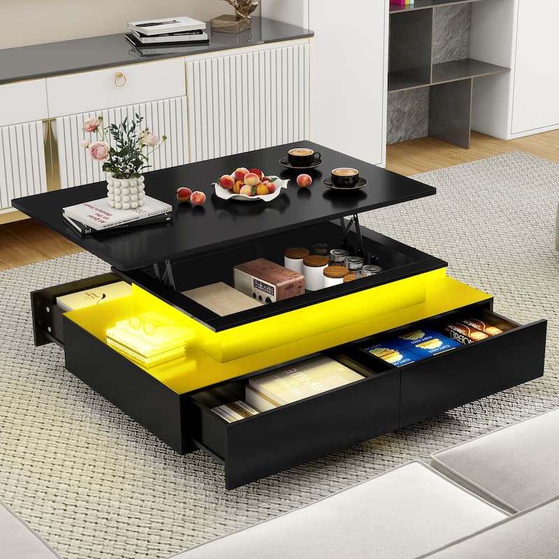 Moasis Modern Coffee Table with Storage High Glossy LED for Living Room - Black - Lift Top