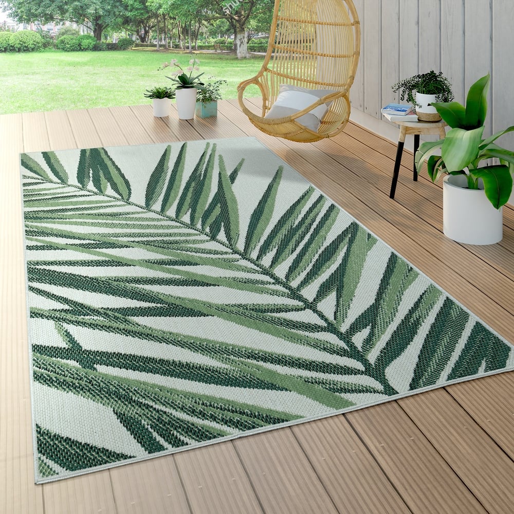 Outdoor Rug Green Beige with Palm Leaf Pattern for Patio Flat Weave