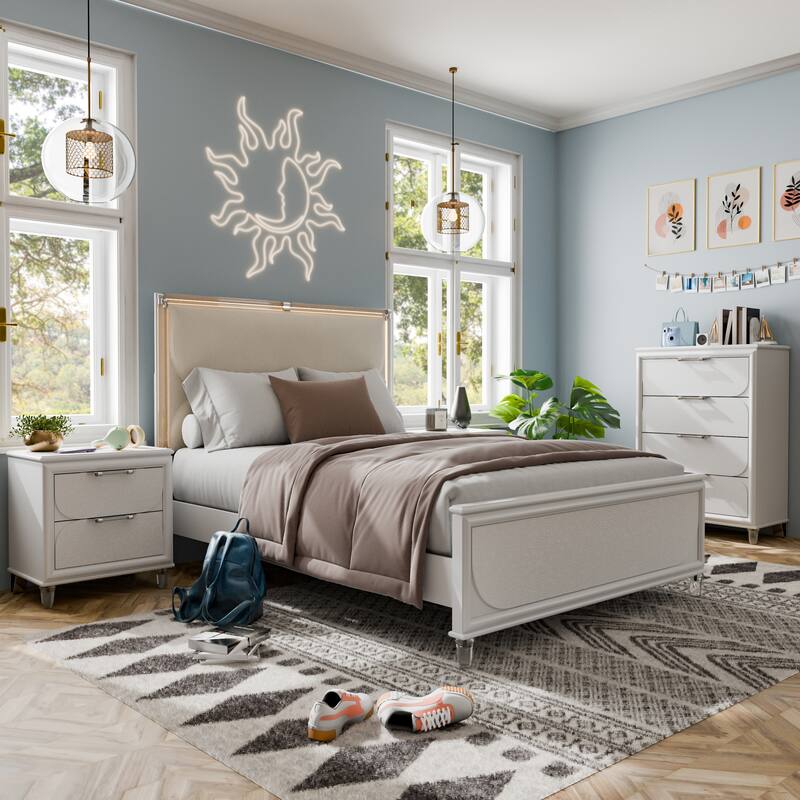 Furniture of America Drima Modern 3-Piece Pearl White Solid Wood Kids Platform Bedroom Set with LED - Full