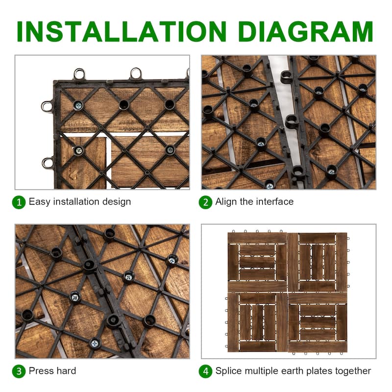 Anmytek Acacia Wood Interlocking Deck Tiles 12x12 Outdoor Flooring Patio Balcony Dark Brown Weather Resistant