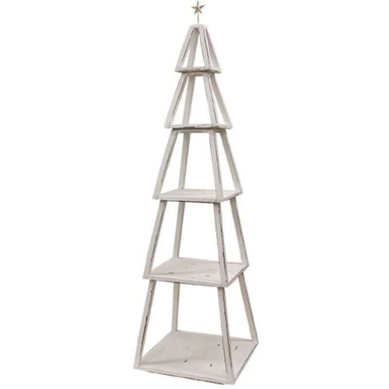 Distressed Wooden Christmas Tree Shelf with Stacking Pieces and Metal Star for Farmhouse Decor - 5 Tier - Whitewashed