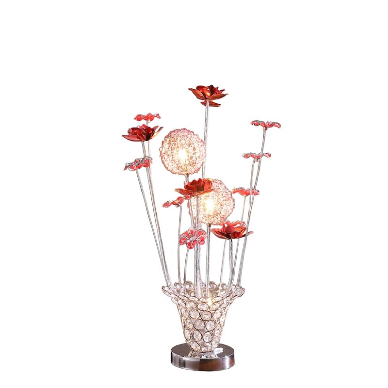 HomeRoots 21" Silver and Clear Metal and Faux Crystal Red Roses Bedside Lamp - 7.5