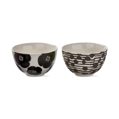 Flower & Dot Ceramic Snack Bowls - Black Multi, 14oz, Dishwasher Safe, Everyday Dining Bowls, Set of 3