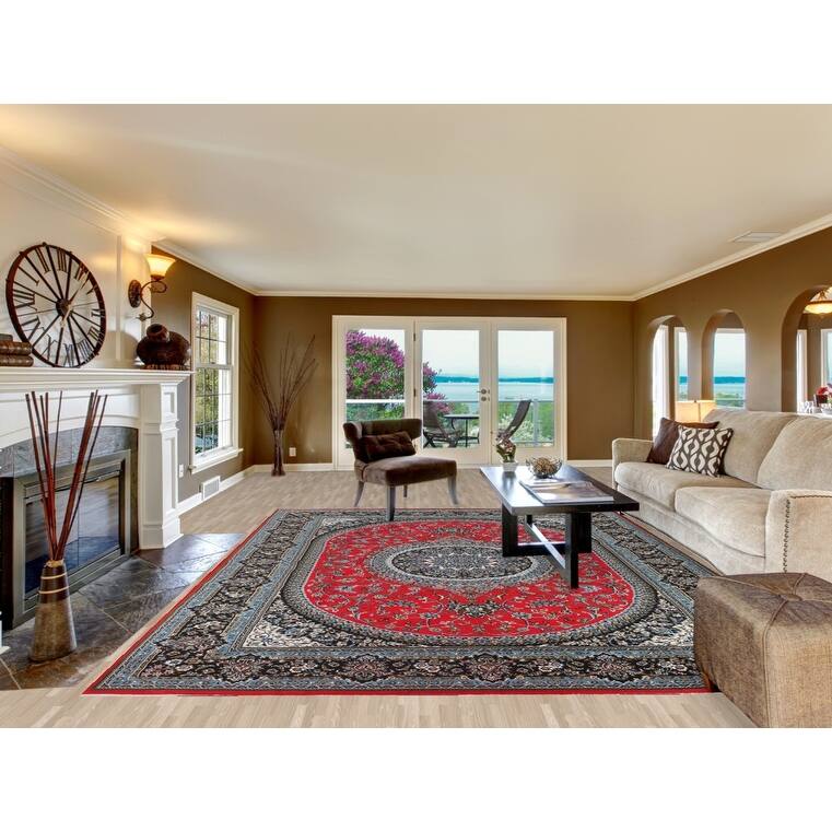 Traditional Floral Red Kashan Turkish Rug Machine-Made Carpet - 9'6" x 12'11"