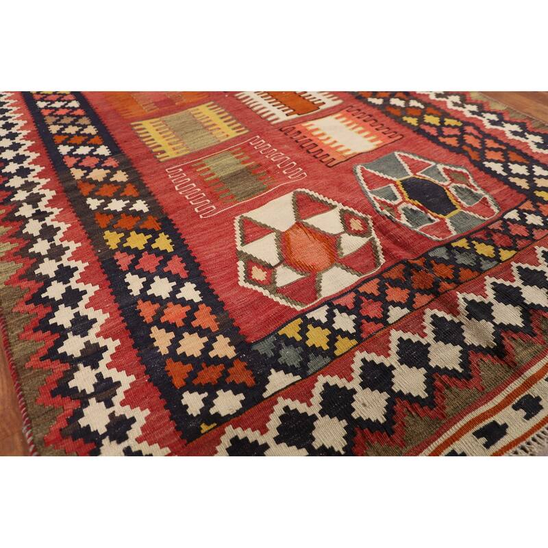 Kilim Qashqai Persian Vintage Rug Hand-Woven Red Tribal Wool Carpet - 5'5"x 9'9"