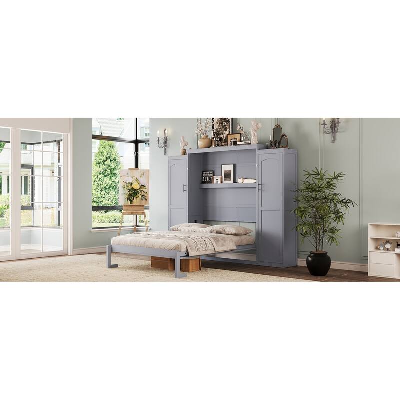 Full Size Murphy Bed, Wooden Full Wall Bed with 2 Wardrobe and Storage Shelf, Multifunctional Foldable Platform Bedframe