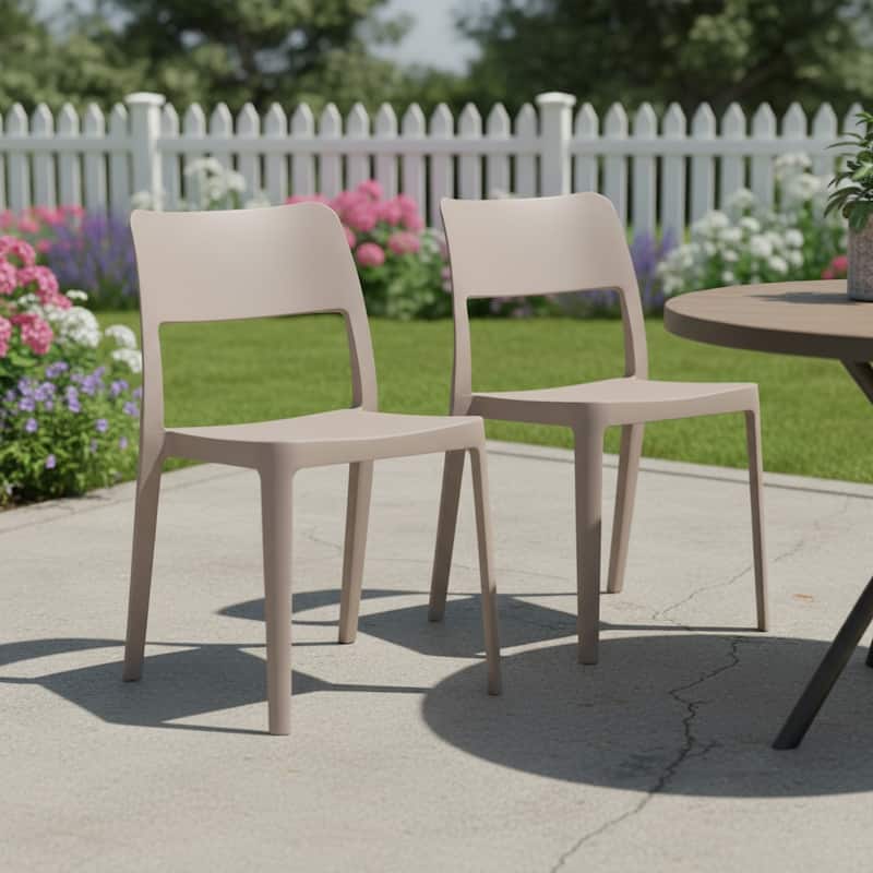 HomeRoots Set of Two Taupe Heavy Duty Plastic Outdoor Stacking Accent Chairs - Taupe