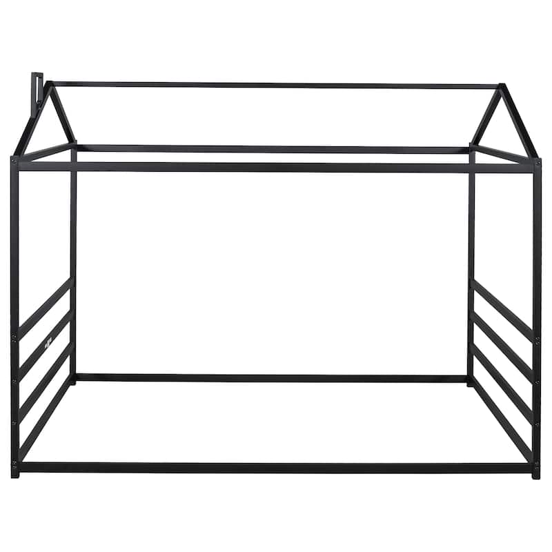 Sleek Metal Queen Platform Bed with House Shape Design, No Box Spring Needed