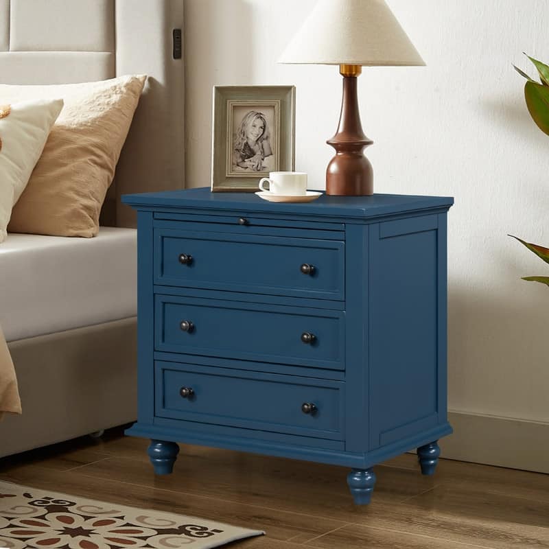 Farmhouse 3-Drawers Wood Nightstands with Pull Out Tray and Solid Wood Legs