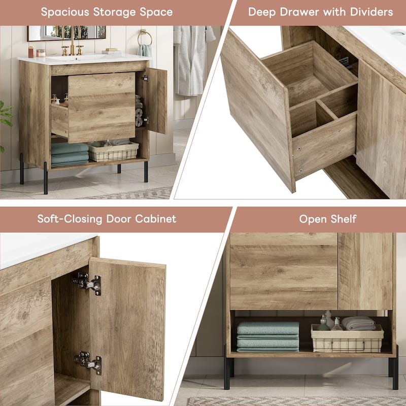 30-Inch Contemporary Wooden Bathroom Vanity with Sliding Drawer, Ceramic Sink Top, Storage Cabinet, Doors, and Open Shelf‌