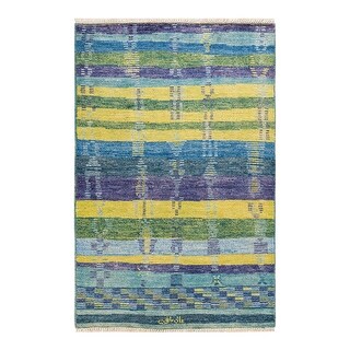 Overton One-of-a-Kind Hand-Knotted Contemporary Striped Modern Light Blue Area Rug - 4' 3" x 6' 3"