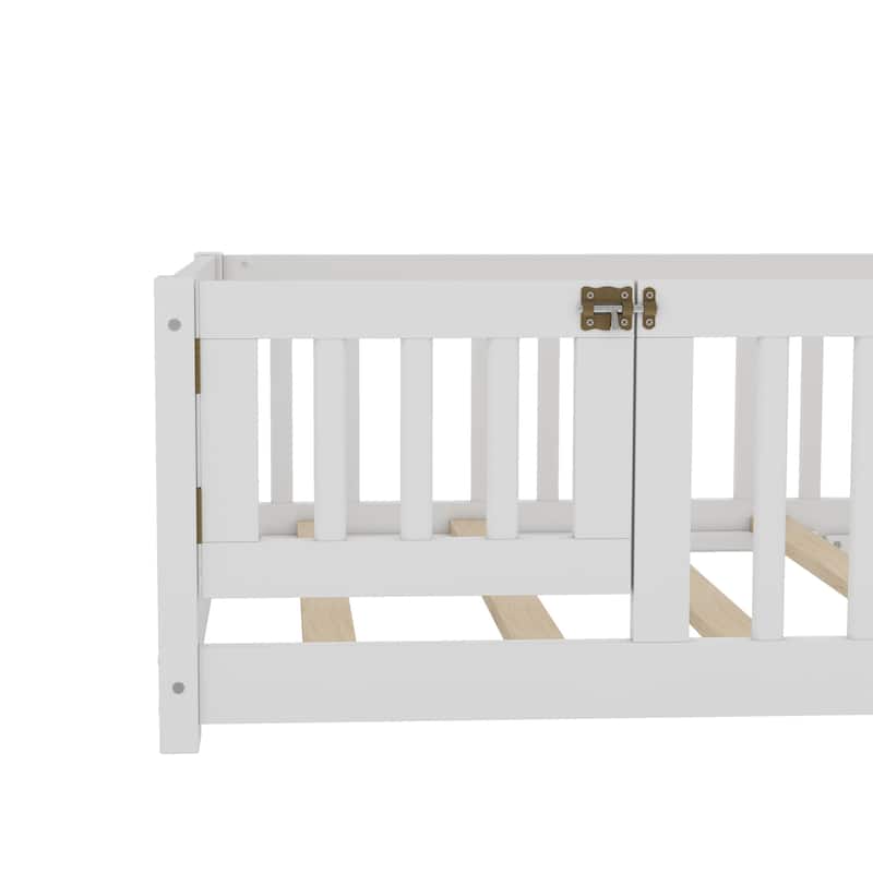 Montessori Toddler Floor Bed with Fence and Switchable Door, Low Profile Bed Frame with Removable Slats, Safe Transition Bed