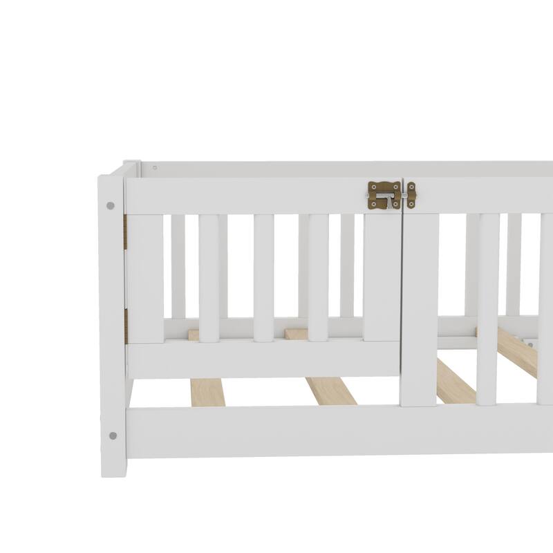 Twin Size Kids Floor Bed with Safety Guardrails and Detachable Door, White