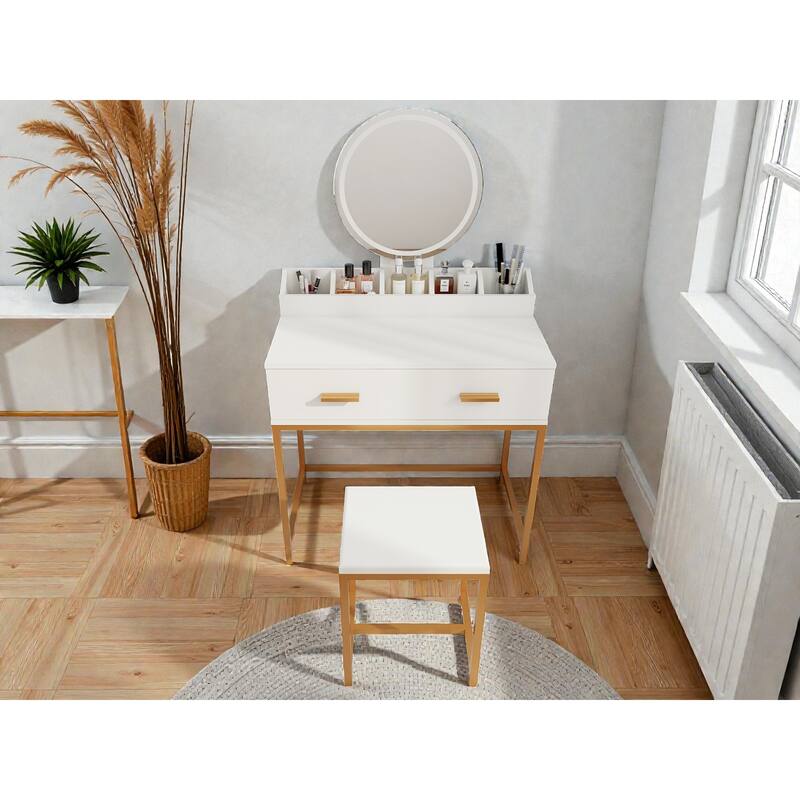 White & Gold Vanity Set with Mirror and Stool, Makeup Table with Drawers and Organizer, Compact Space-Saving Design