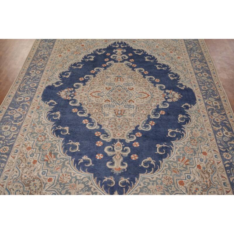 Blue Tabriz Persian Vintage Area Rug Handmade Wool Carpet - 9'9" x 12'9"