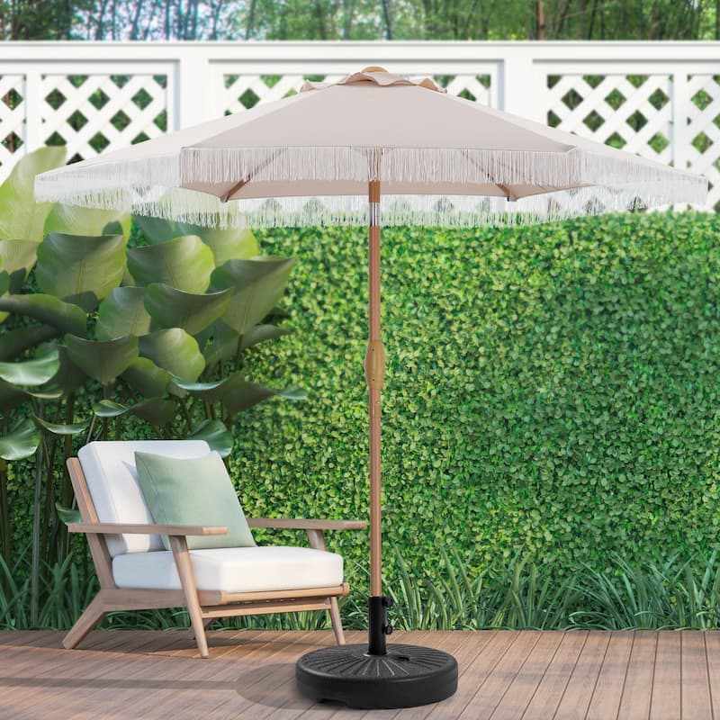 Autlaycil 7.5FT Solar Patio Umbrella with Base and Tilt,Crank - Fringe + Khaki 