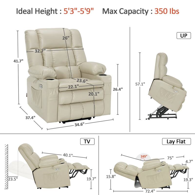 MCombo Medium Dual Motor Power Lift Recliner Chair Infinite Position, Massage and Heat, Extended Footrest, Faux Leather 7890