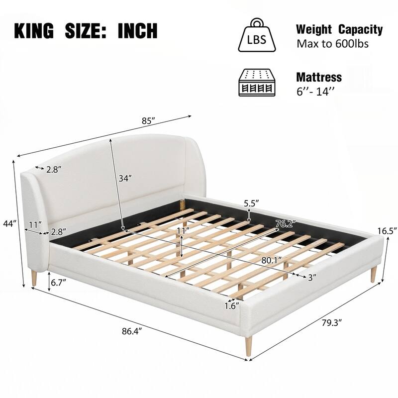 Upholstered Platform Bed Boucle Fabric and Wingback Headboard