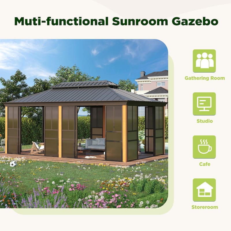 Erommy Outdoor Solarium Sunroom, Patio Hardtop Gazebo, Aluminum Frame Permanent Gazebo with Sliding Doors and Screens