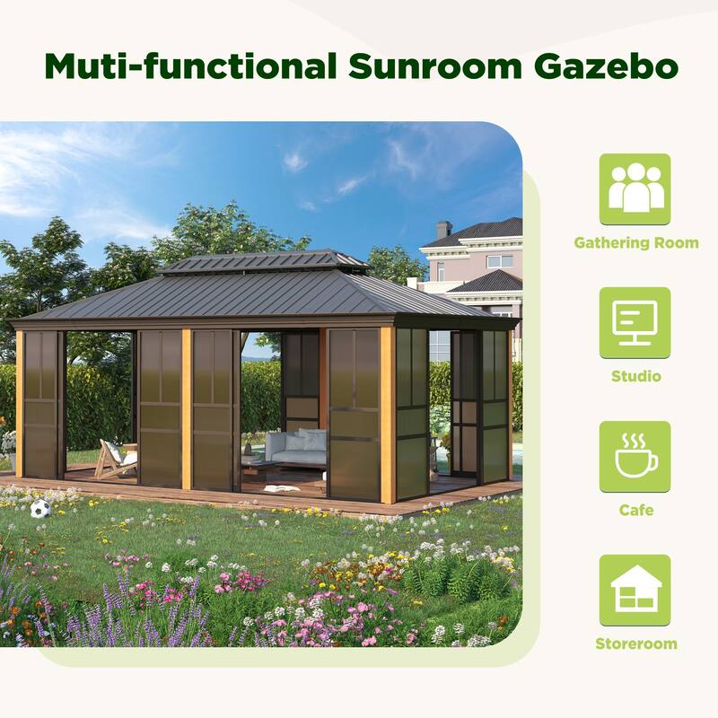 Outdoor Hardtop Sunroom Gazebo with Double Roof & Sliding Doors, All-Season Aluminum Outdoor Pergola, PE Screens&Lockable Design