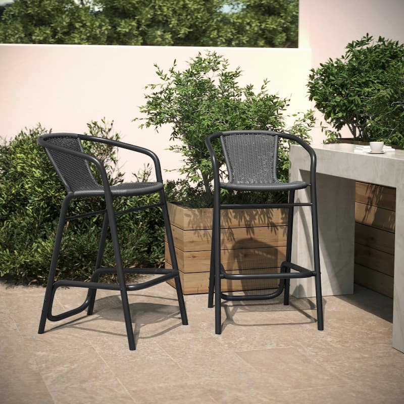 Commercial Indoor-Outdoor Rattan Restaurant Barstool with Aluminum Frame-Set of 2 - Gray