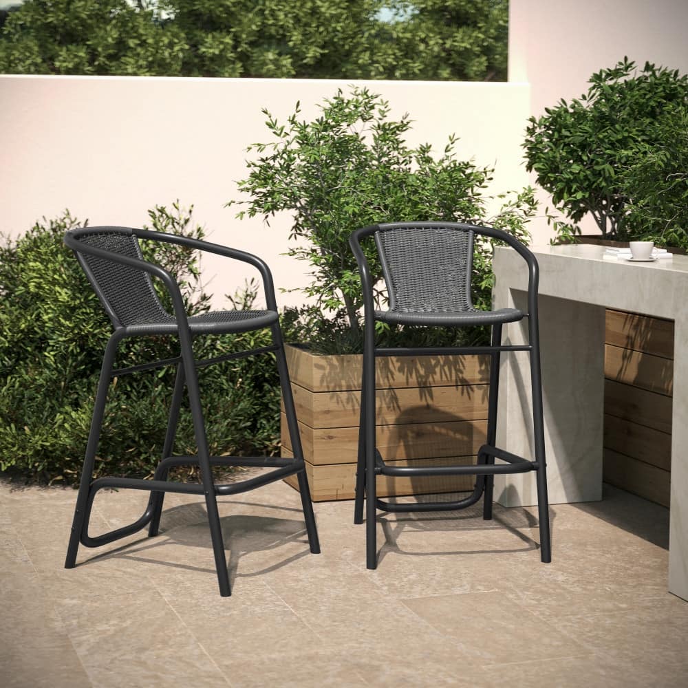 Commercial Indoor-Outdoor Rattan Restaurant Barstool with Aluminum Frame-Set of 2