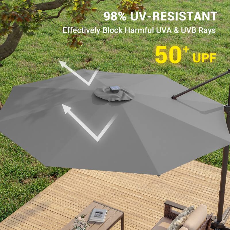BONOSUKI Solar-powered 10FT Cantilever Patio Umbrella, Ultimate Outdoor Comfort with 360° Rotation and Canopy Angle Adjustment