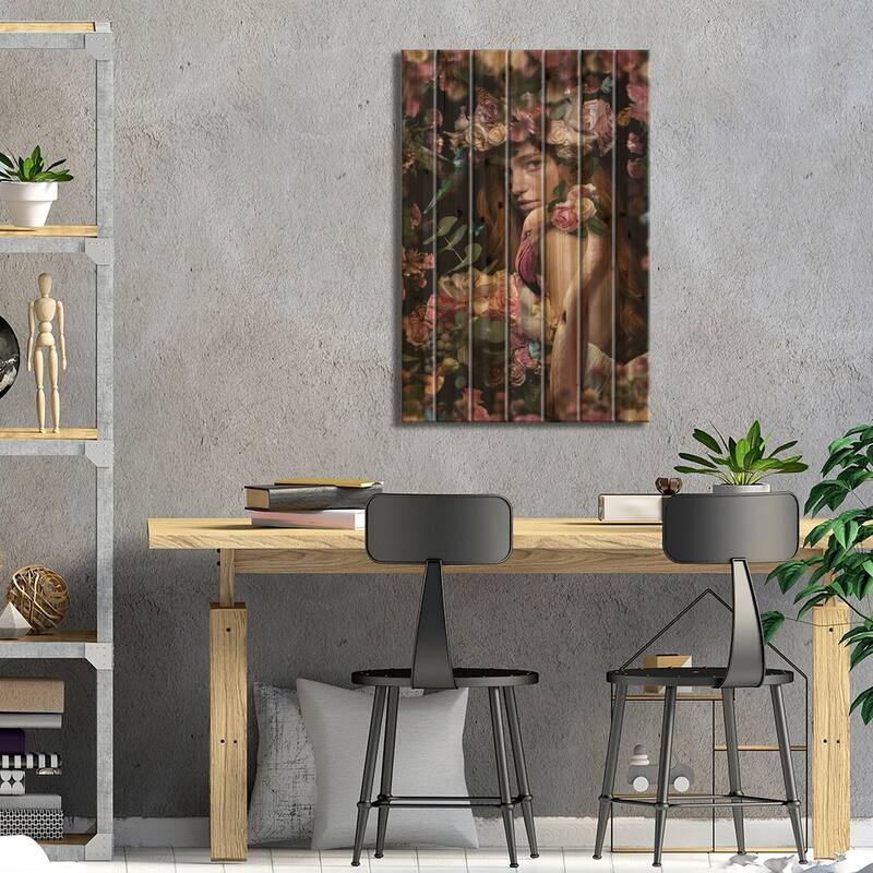 Woman Among Flowers With Flamingo Print On Wood by Adrian Vieriu - Multi-Color