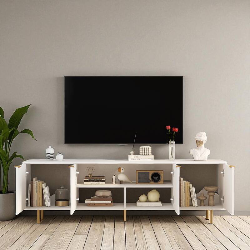 Modern Fluted TV Stand with 4 Storage Cabinets & Gold Legs, Entertainment Center for 55 Inch to 70 Inch TVs