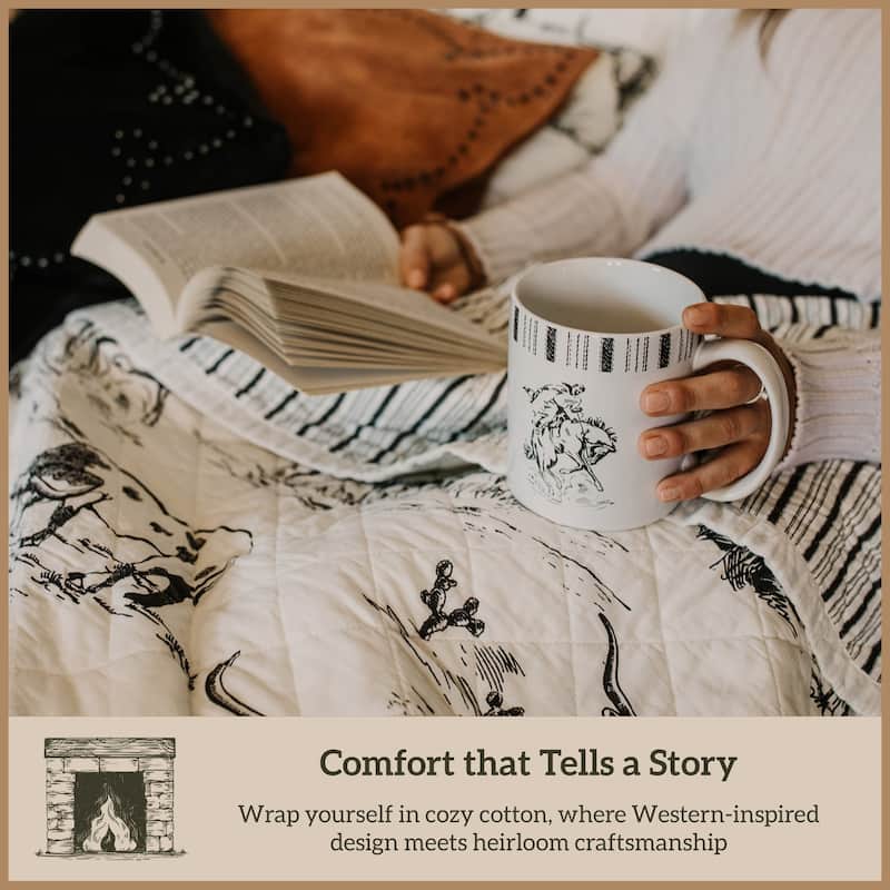 Paseo Road Ranch Life Western Cowboy White/Black 100% Cotton Rustic Toile Western Bedding 3 Piece Reversible Quilt Set