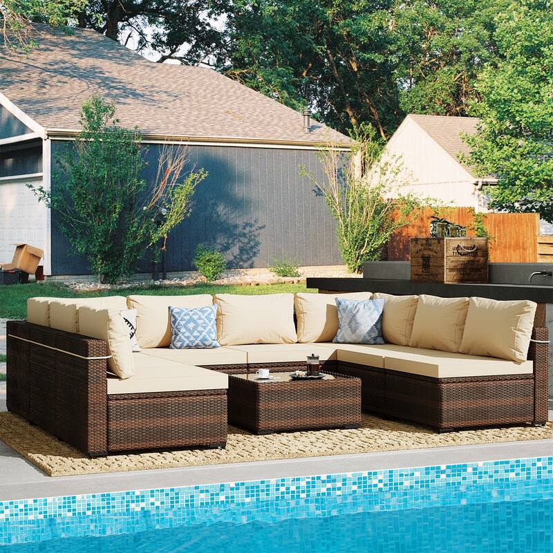 Patio Watcher 9-Piece Wicker Patio Conversation Set with Cushions - Beige