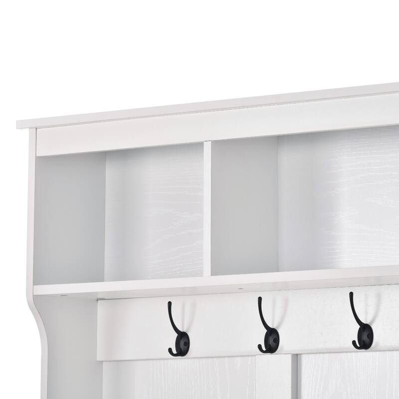 60" Wide White Hall Tree with 24 Shoe Cubbies, Metal Black Hooks