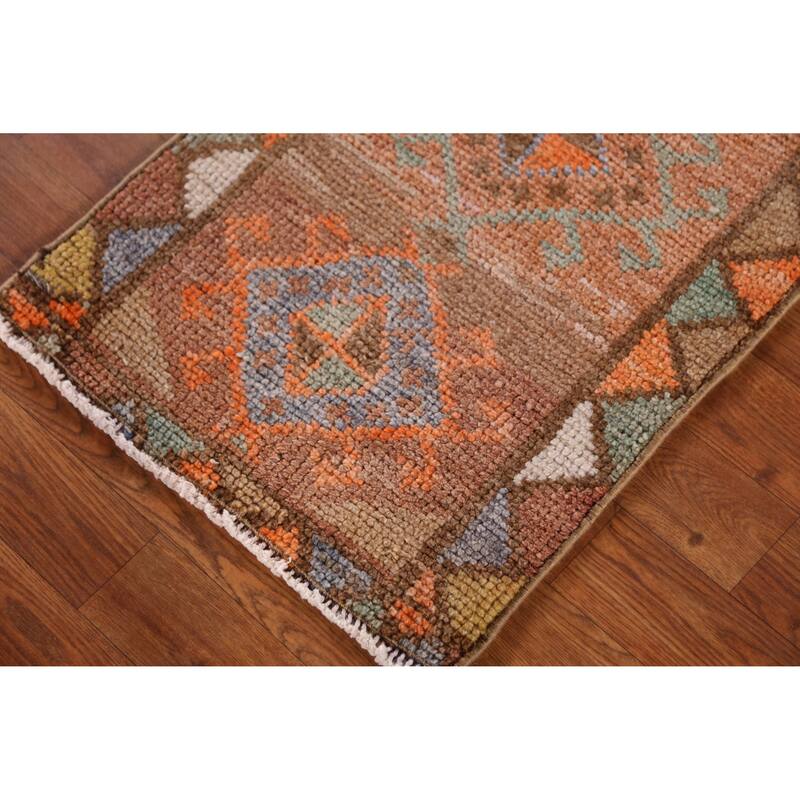 Hand Knotted Oriental 100% Wool Carpet Transitional Geometric Oranges & Rust Anatolian Area Rug - 2' 10'' X 1' 7''