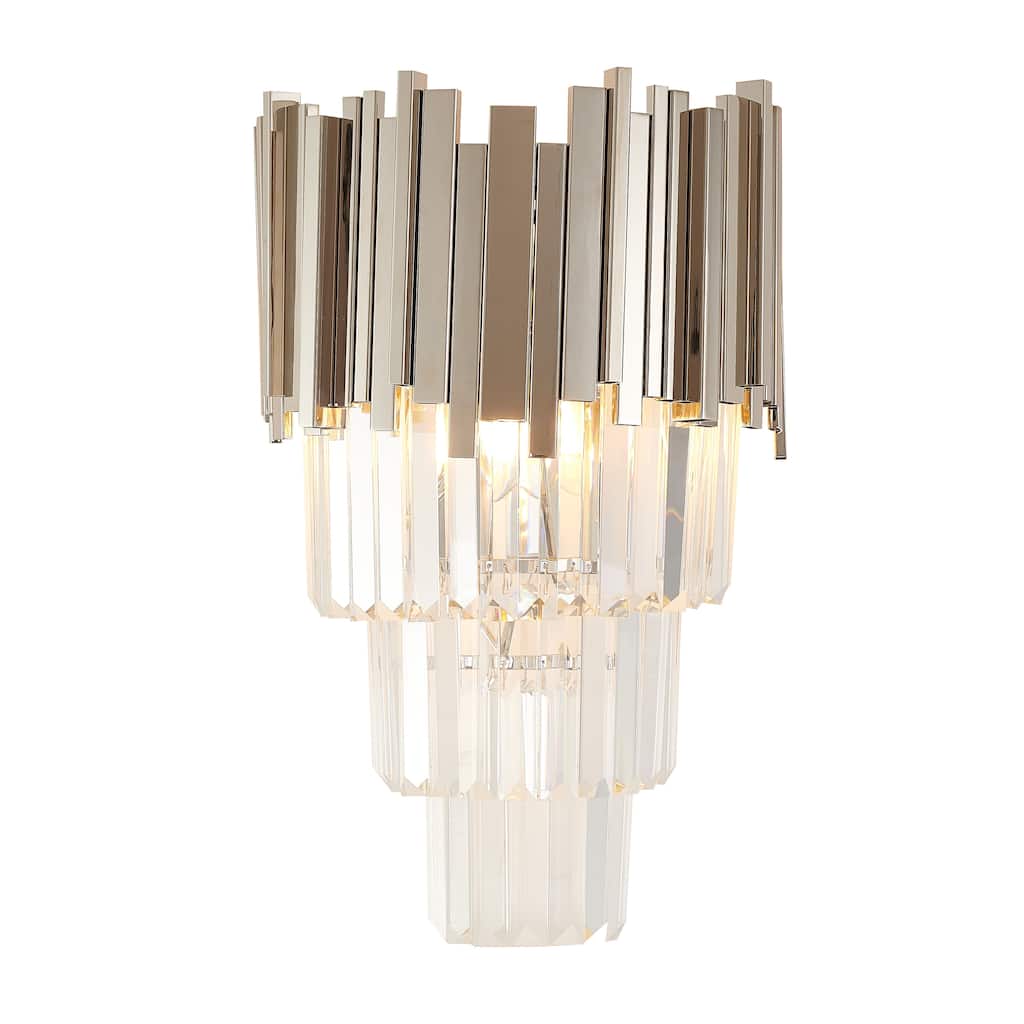 Shiny Nickel Metal Frame Wall Sconce With Crystal Accents