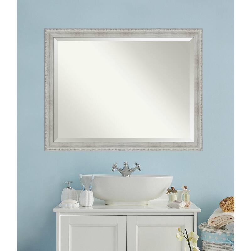 Beveled Wood Bathroom Wall Mirror - Rustic White Wash Frame