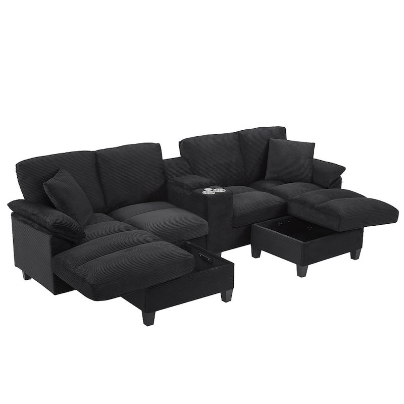 116.9" Modern Sectional Sofa with Storage Ottomans and USB Ports, Cup Holders