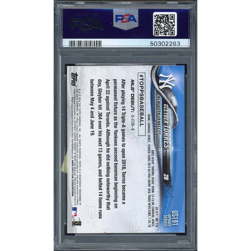 Gleyber Torres 2018 Topps Update Rookie Baseball Card RC #US191 Graded PSA 10 - 8'6" x 11'6"