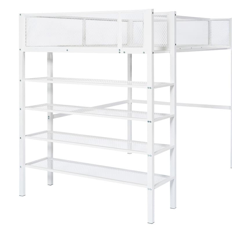 Twin Size Metal Loft Bed with 4-Tier Shelves and Storage